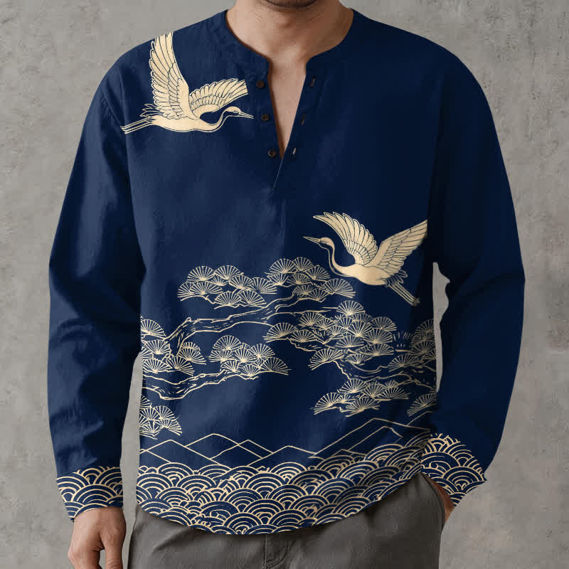 Buddha Stones Camisas de manga larga para hombre con cuello en V y botones, estampado de grullas voladoras y nubes, de algodón. - Marina de guerra - US/UK/AU48, UE58 (4XL) - image 0