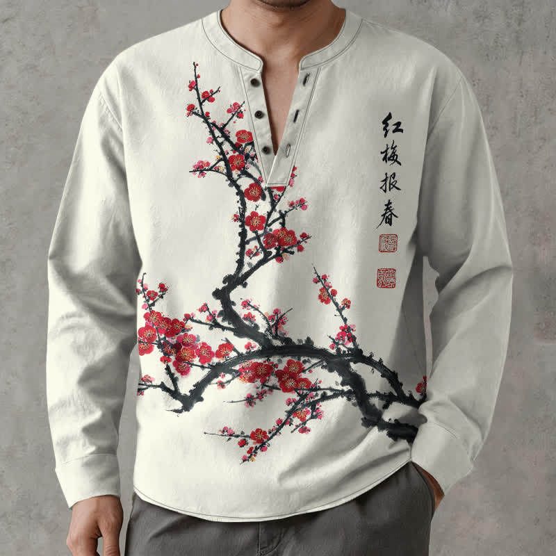 Buddha Stones Camisas de manga larga para hombre de algodón con cuello en V y estampado de ciruelas Eastern Seal. - image 1