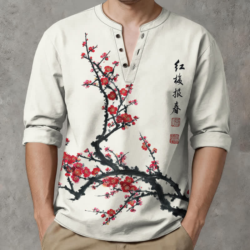 Buddha Stones Camisas de manga larga para hombre de algodón con cuello en V y estampado de ciruelas Eastern Seal. - Marfil - US/UK/AU48, UE58 (4XL) - image 0