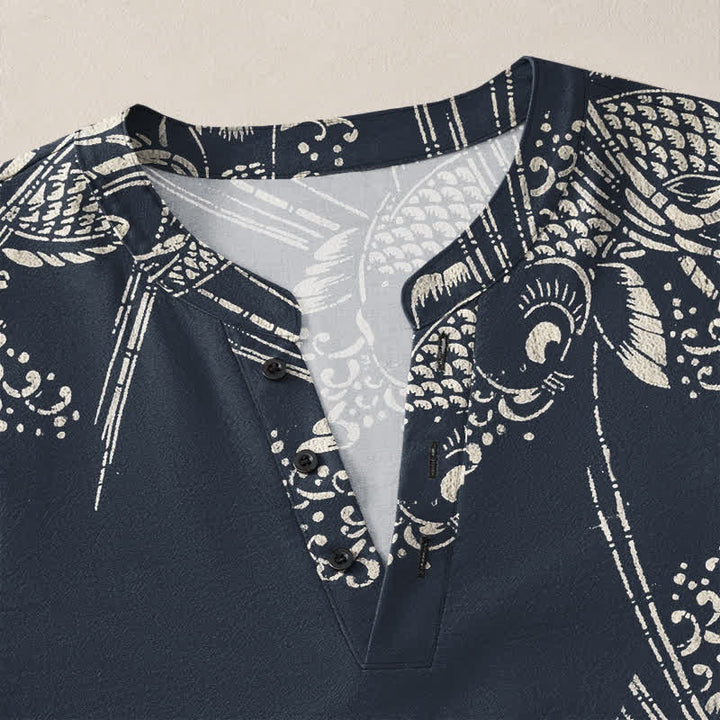 Buddha Stones Camisas de manga larga para hombre de algodón con estampado étnico de peces y cuello en V con botones. - image 4
