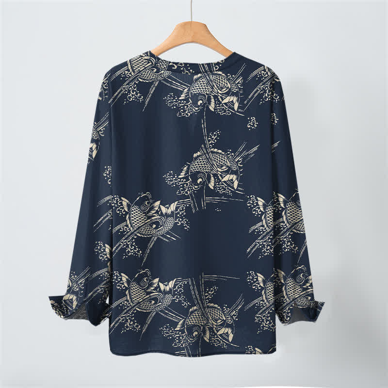 Buddha Stones Camisas de manga larga para hombre de algodón con estampado étnico de peces y cuello en V con botones. - image 3