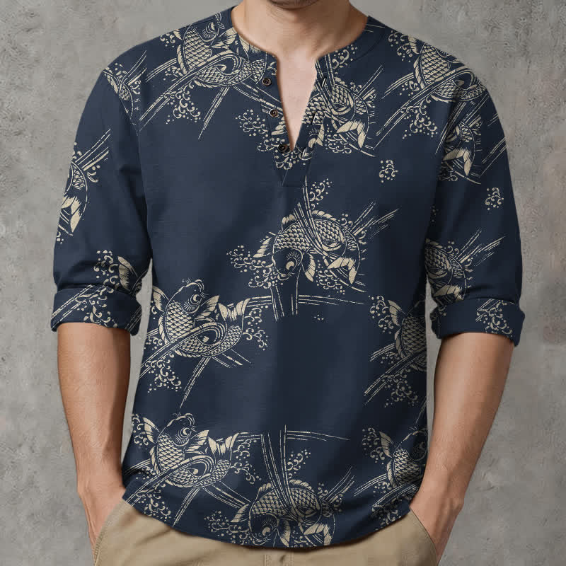 Buddha Stones Camisas de manga larga para hombre de algodón con estampado étnico de peces y cuello en V con botones. - image 1