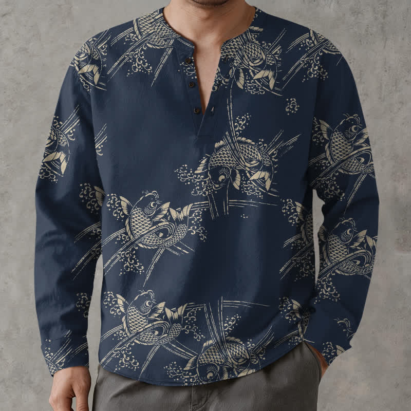 Buddha Stones Camisas de manga larga para hombre de algodón con estampado étnico de peces y cuello en V con botones. - Azul medianoche - US/UK/AU48, UE58 (4XL) - image 0