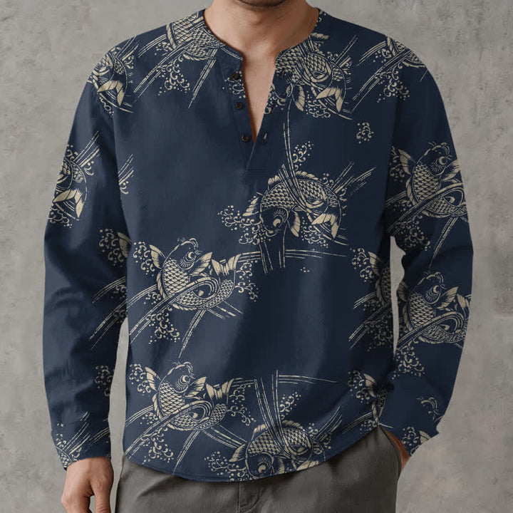 Buddha Stones Camisas de manga larga para hombre de algodón con estampado étnico de peces y cuello en V con botones. - Azul medianoche - US/UK/AU48, UE58 (4XL) - image 0