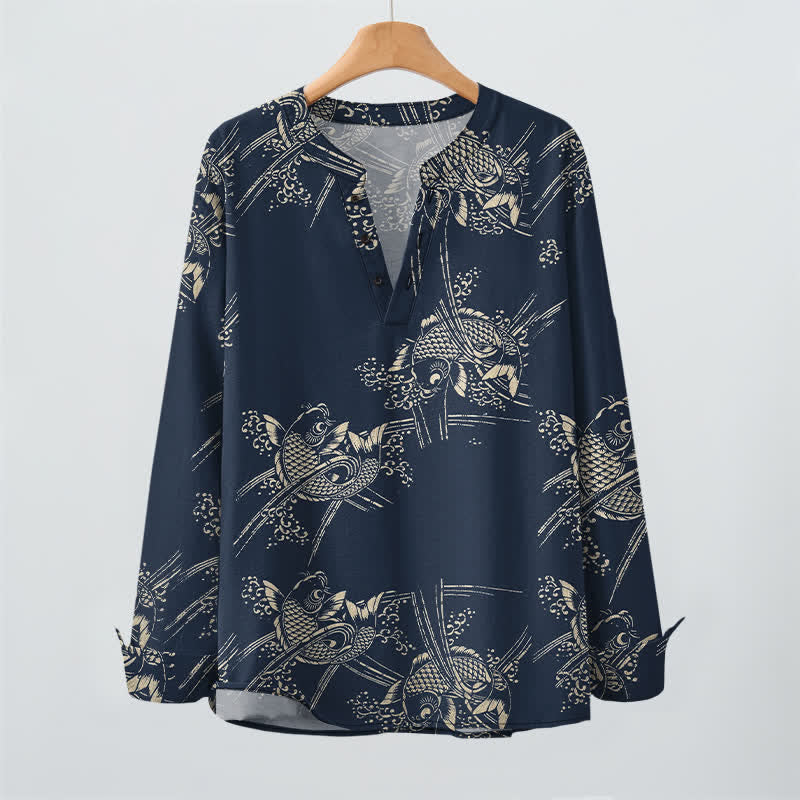 Buddha Stones Camisas de manga larga para hombre de algodón con estampado étnico de peces y cuello en V con botones. - image 2