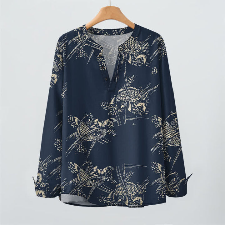 Buddha Stones Camisas de manga larga para hombre de algodón con estampado étnico de peces y cuello en V con botones. - image 2