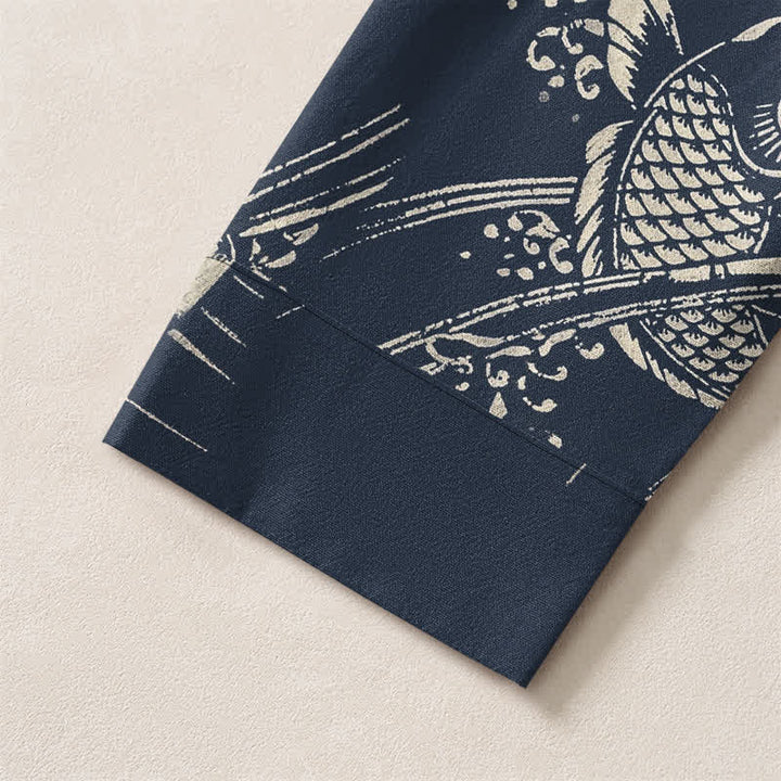 Buddha Stones Camisas de manga larga para hombre de algodón con estampado étnico de peces y cuello en V con botones. - image 5