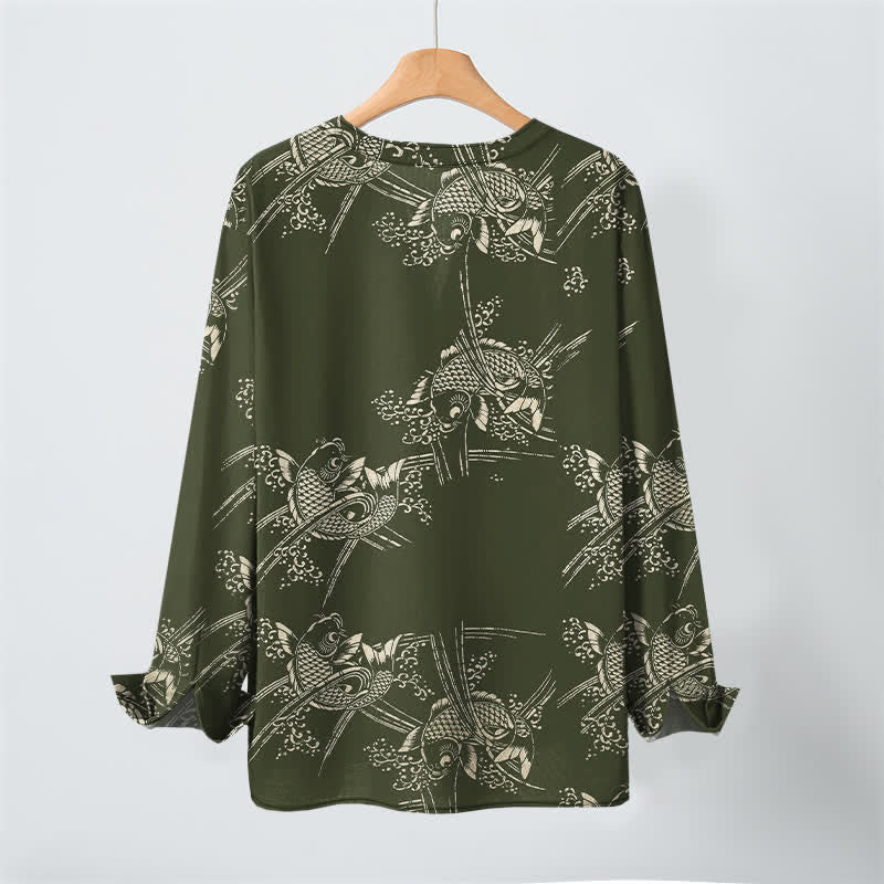 Buddha Stones Camisas de manga larga para hombre de algodón con estampado étnico de peces y cuello en V con botones. - image 10