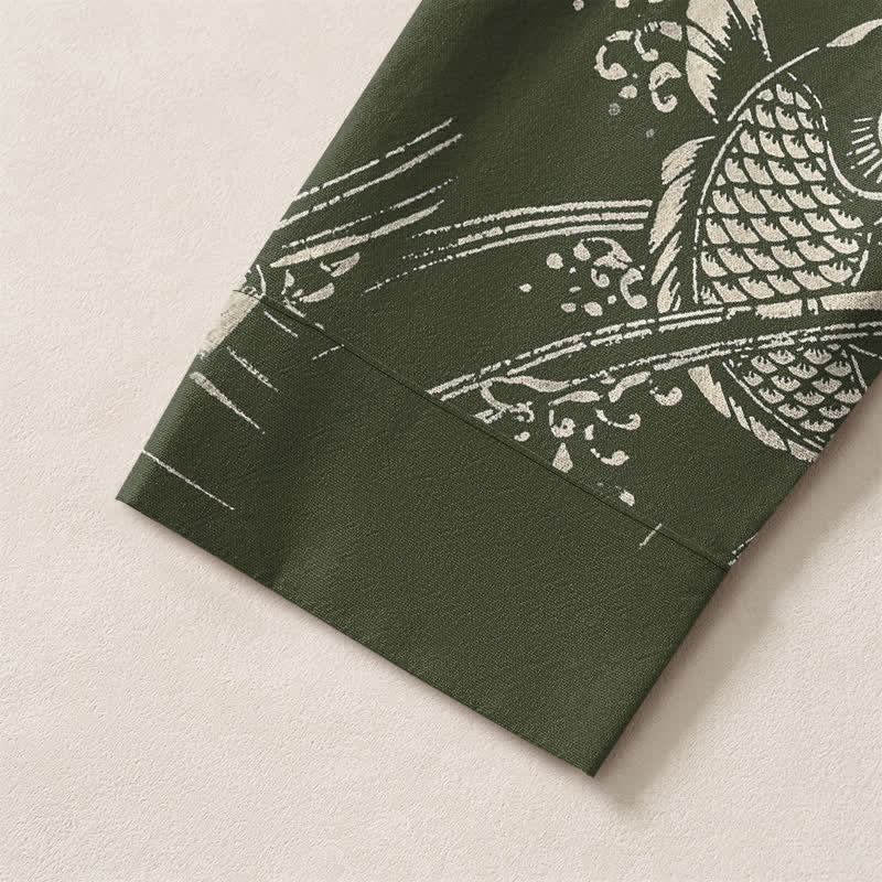 Buddha Stones Camisas de manga larga para hombre de algodón con estampado étnico de peces y cuello en V con botones. - image 12
