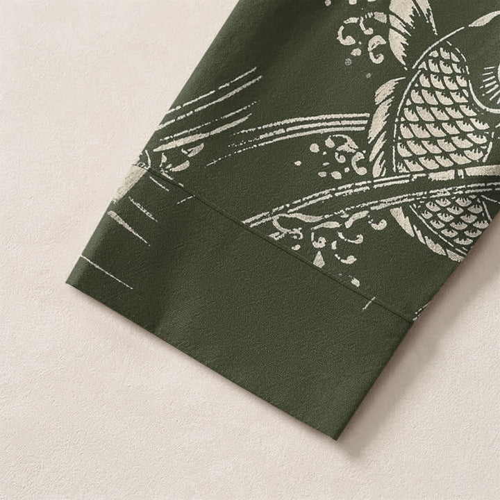 Buddha Stones Camisas de manga larga para hombre de algodón con estampado étnico de peces y cuello en V con botones. - image 12