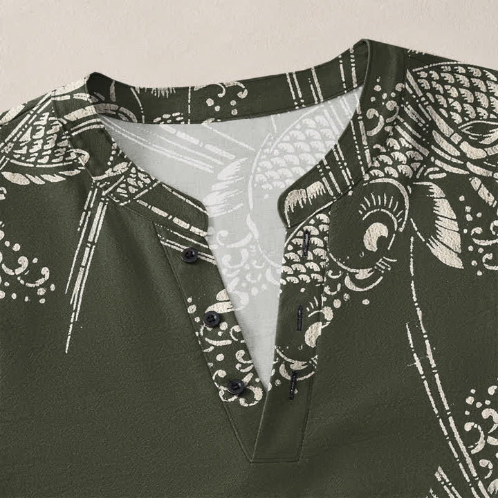 Buddha Stones Camisas de manga larga para hombre de algodón con estampado étnico de peces y cuello en V con botones. - image 11