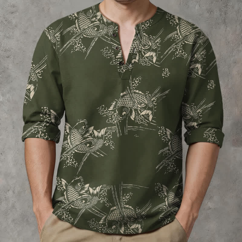 Buddha Stones Camisas de manga larga para hombre de algodón con estampado étnico de peces y cuello en V con botones. - image 8