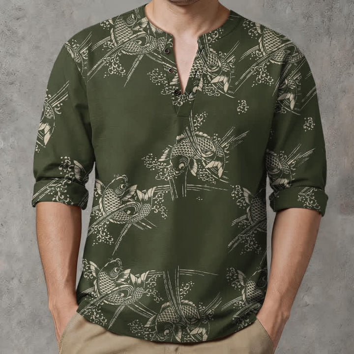 Buddha Stones Camisas de manga larga para hombre de algodón con estampado étnico de peces y cuello en V con botones. - image 8