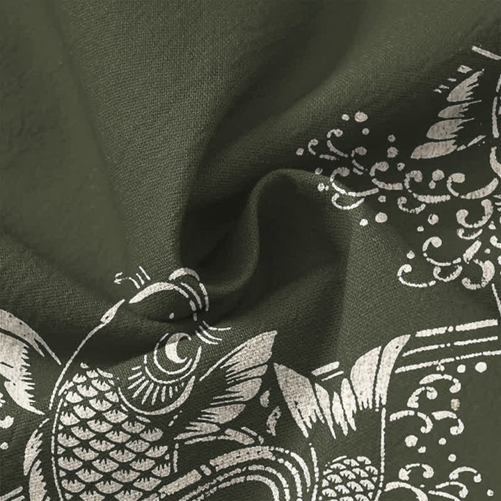 Buddha Stones Camisas de manga larga para hombre de algodón con estampado étnico de peces y cuello en V con botones. - image 13