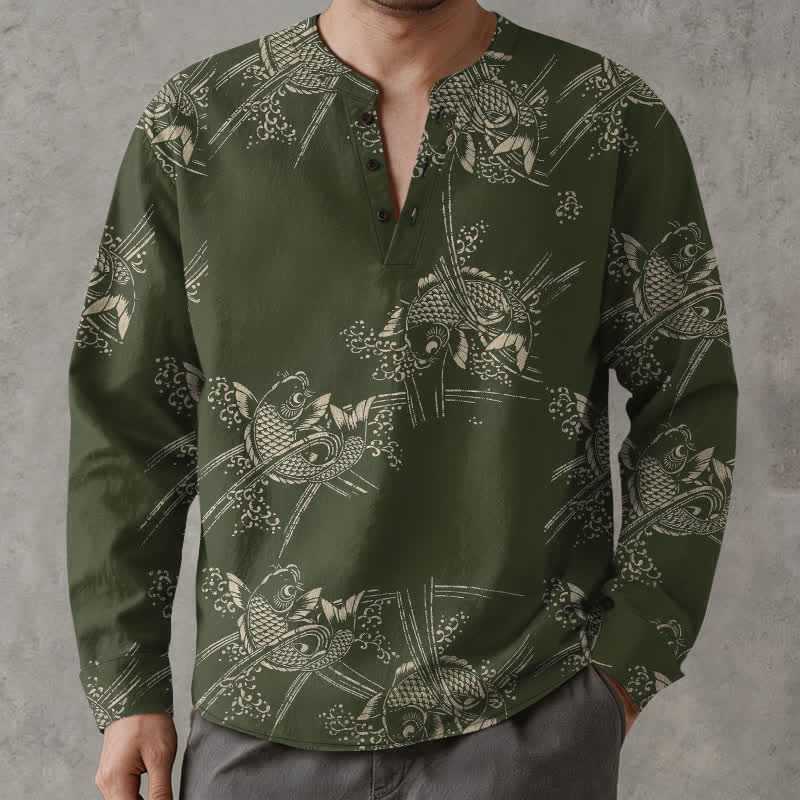 Buddha Stones Camisas de manga larga para hombre de algodón con estampado étnico de peces y cuello en V con botones. - Verde oliva oscuro - US/UK/AU48, UE58 (4XL) - image 7