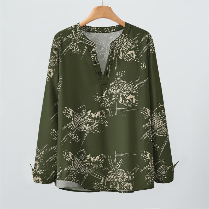 Buddha Stones Camisas de manga larga para hombre de algodón con estampado étnico de peces y cuello en V con botones. - image 9