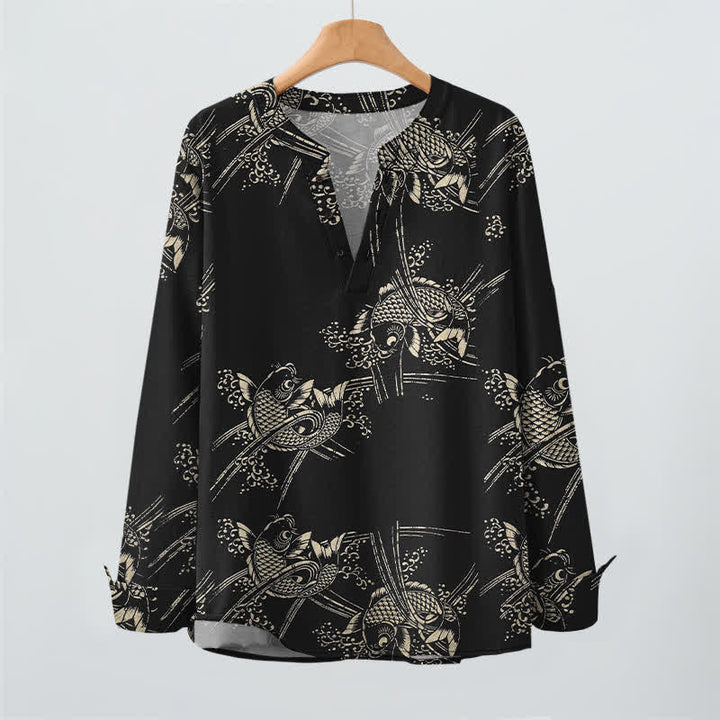 Buddha Stones Camisas de manga larga para hombre de algodón con estampado étnico de peces y cuello en V con botones. - image 16