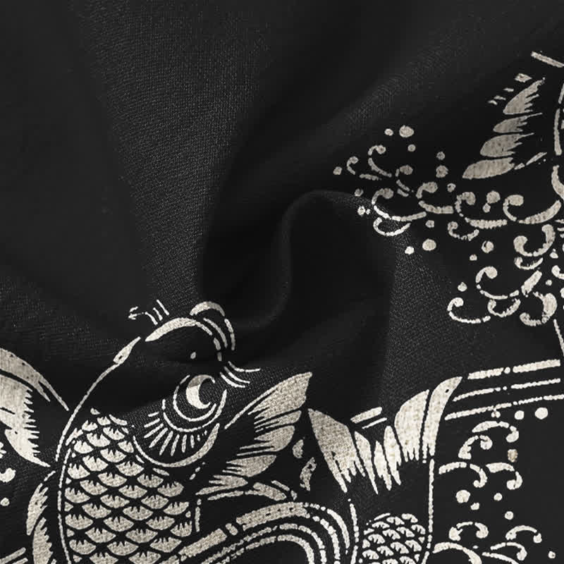 Buddha Stones Camisas de manga larga para hombre de algodón con estampado étnico de peces y cuello en V con botones. - image 20
