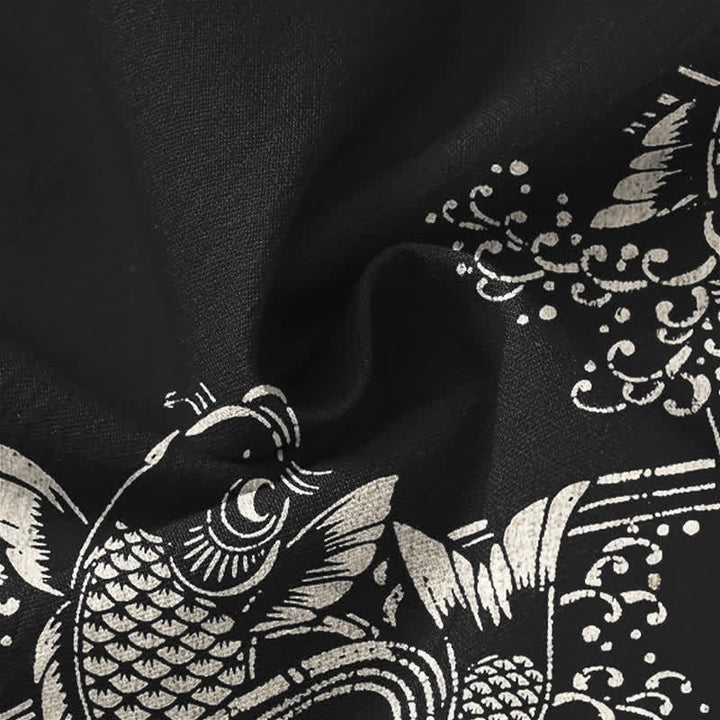 Buddha Stones Camisas de manga larga para hombre de algodón con estampado étnico de peces y cuello en V con botones. - image 20