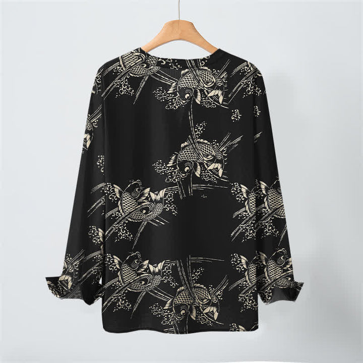Buddha Stones Camisas de manga larga para hombre de algodón con estampado étnico de peces y cuello en V con botones. - image 17