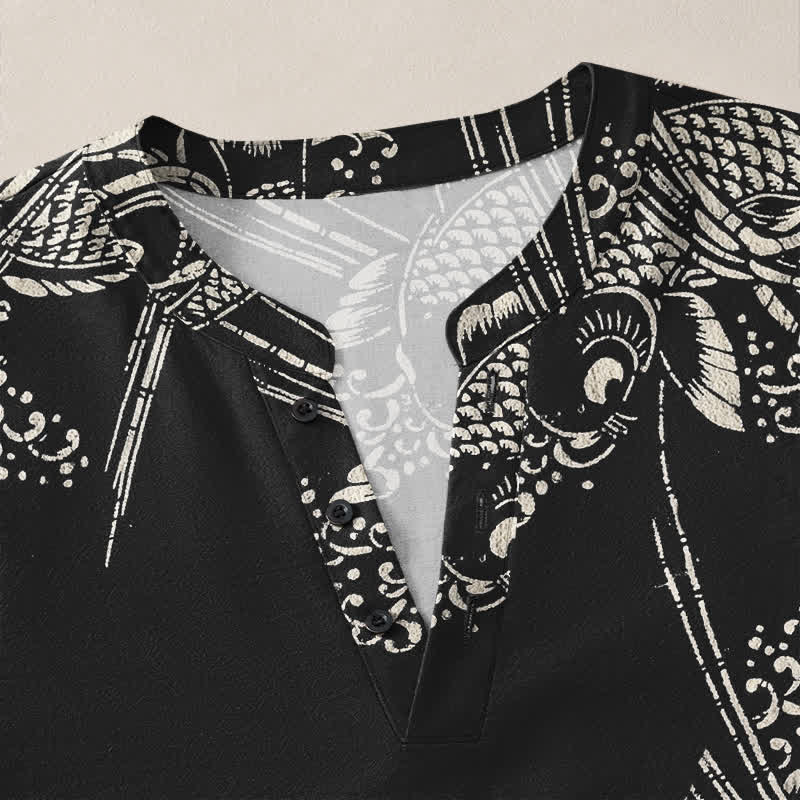 Buddha Stones Camisas de manga larga para hombre de algodón con estampado étnico de peces y cuello en V con botones. - image 18