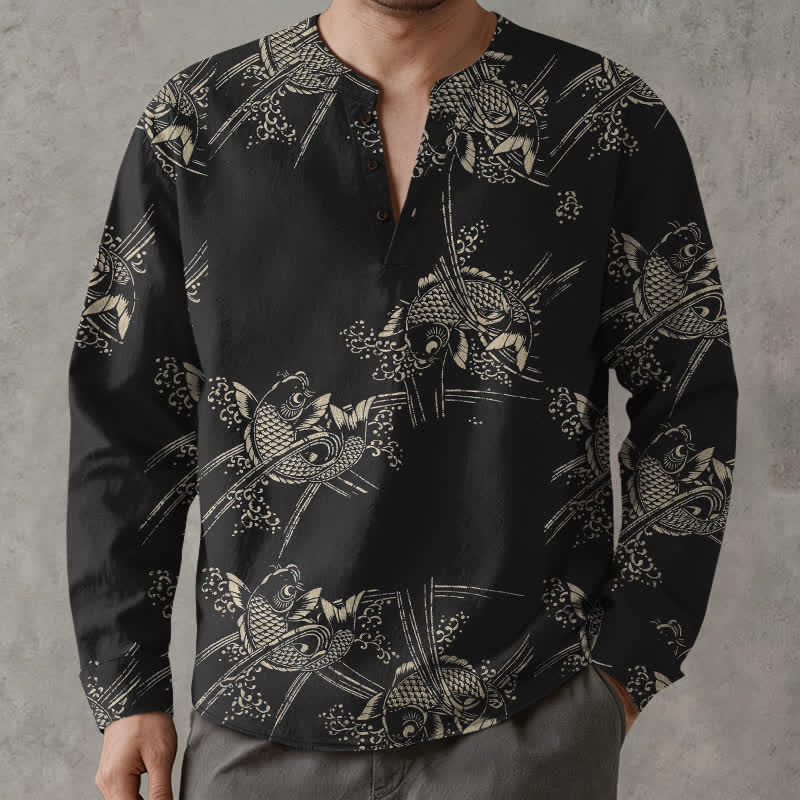 Buddha Stones Camisas de manga larga para hombre de algodón con estampado étnico de peces y cuello en V con botones. - Negro - US/UK/AU48, UE58 (4XL) - image 14
