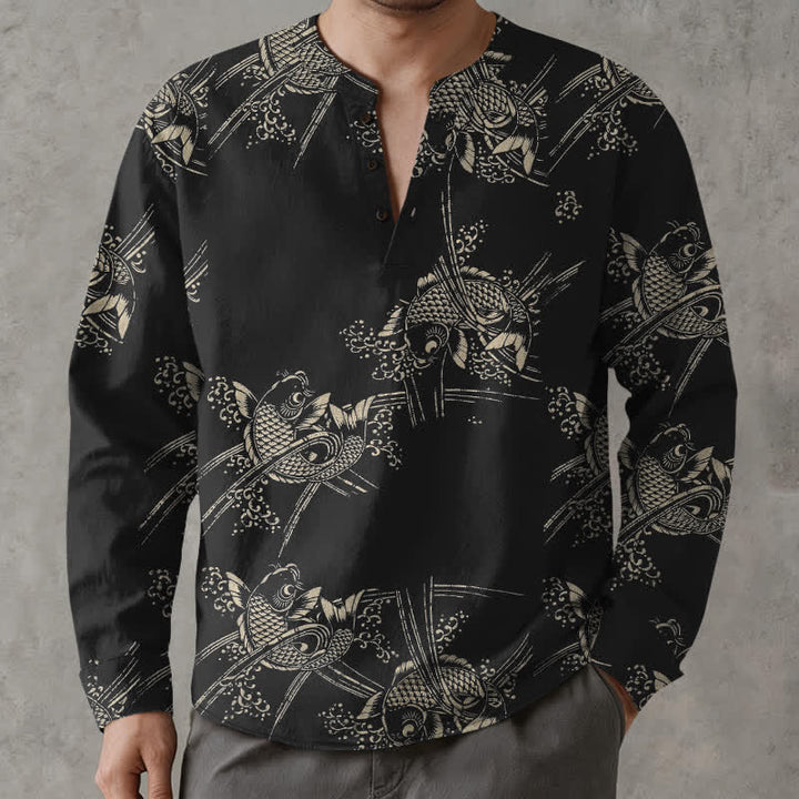 Buddha Stones Camisas de manga larga para hombre de algodón con estampado étnico de peces y cuello en V con botones. - Negro - US/UK/AU48, UE58 (4XL) - image 14