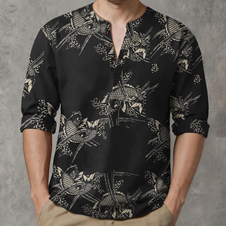 Buddha Stones Camisas de manga larga para hombre de algodón con estampado étnico de peces y cuello en V con botones. - image 15