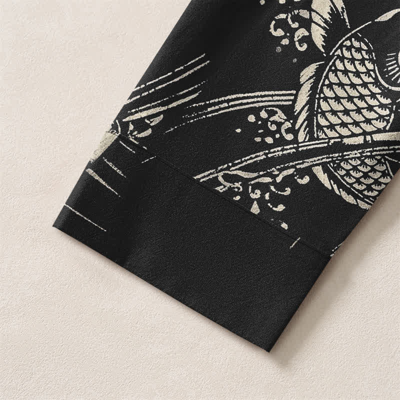 Buddha Stones Camisas de manga larga para hombre de algodón con estampado étnico de peces y cuello en V con botones. - image 19
