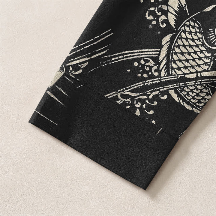Buddha Stones Camisas de manga larga para hombre de algodón con estampado étnico de peces y cuello en V con botones. - image 19