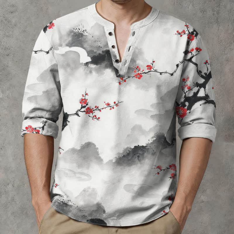 Buddha Stones Camisas de manga larga para hombre de algodón con cuello en V y estampado floral de paisaje zen. - image 1