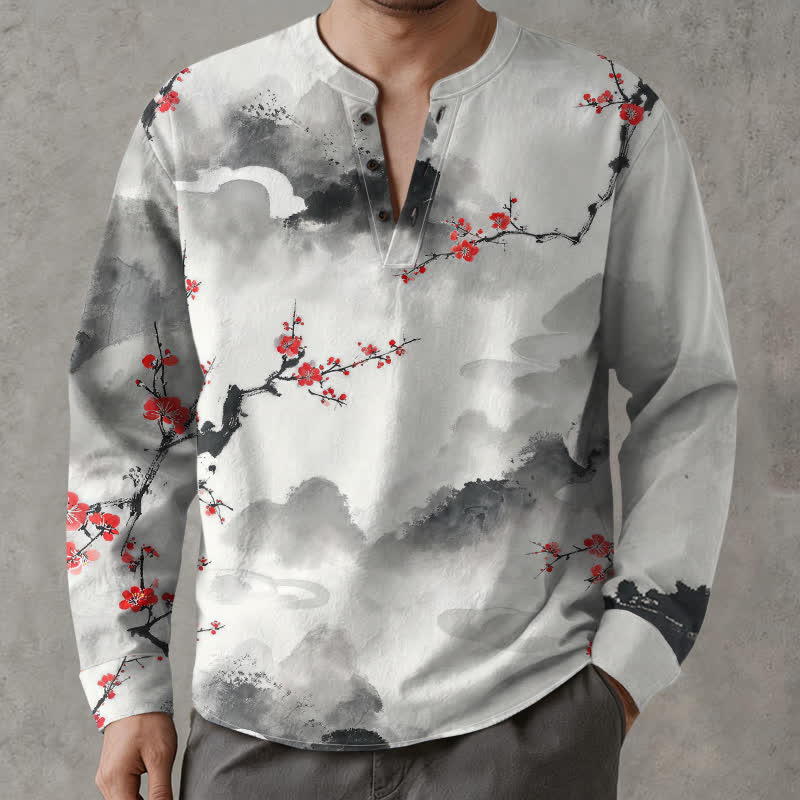 Buddha Stones Camisas de manga larga para hombre de algodón con cuello en V y estampado floral de paisaje zen. - Plata - US/UK/AU48, UE58 (4XL) - image 0