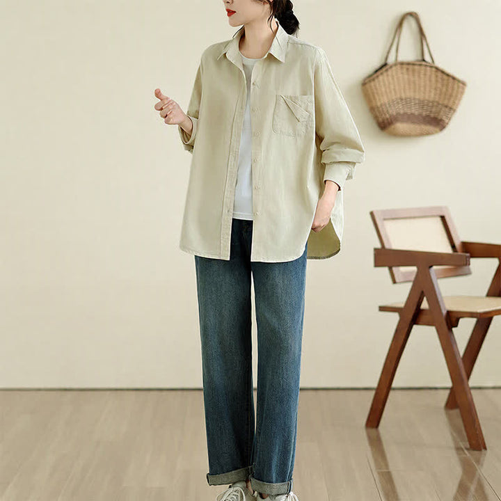 Buddha Stones Chaqueta de mujer de algodón liso, estilo casual minimalista, con botones y bolsillo. - image 23