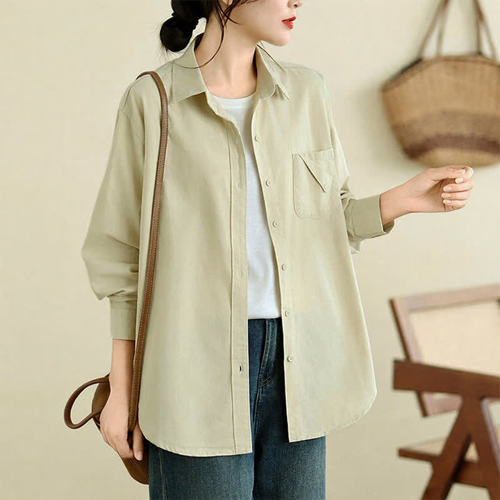 Buddha Stones Chaqueta de mujer de algodón liso, estilo casual minimalista, con botones y bolsillo. - image 20