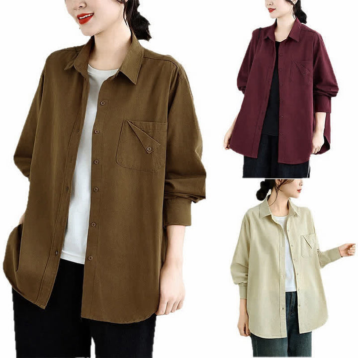 Buddha Stones Chaqueta de mujer de algodón liso, estilo casual minimalista, con botones y bolsillo. - image 24
