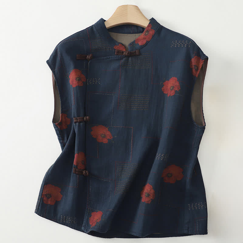 Buddha Stones Camiseta sin mangas de algodón rojo con estampado floral y botones de rana, estilo vintage otoñal para mujer. - Azul medianoche - US12, UK/AU16, EU44 (XL) - image 0