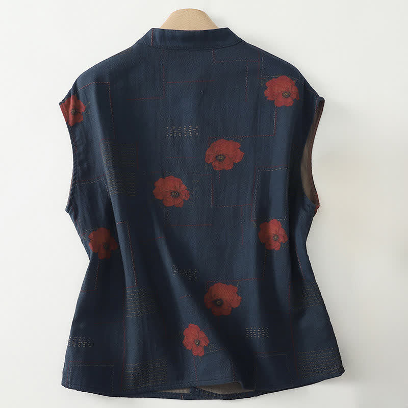 Buddha Stones Camiseta sin mangas de algodón rojo con estampado floral y botones de rana, estilo vintage otoñal para mujer. - image 1