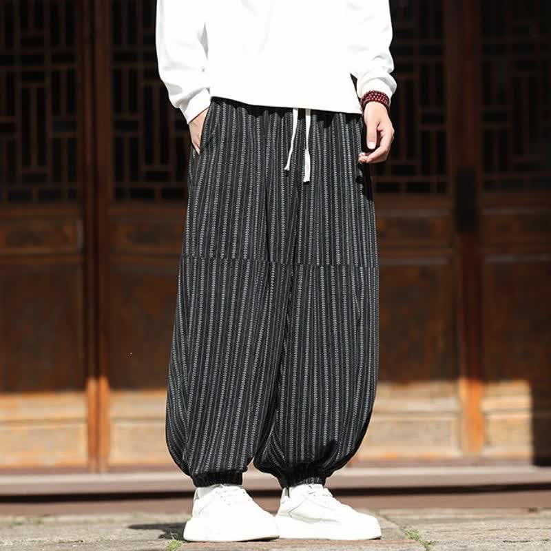 Buddha Stones Pantalones cortos de pana a rayas con cordón ajustable para hombre, estilo harem, para primavera y otoño. - image 1