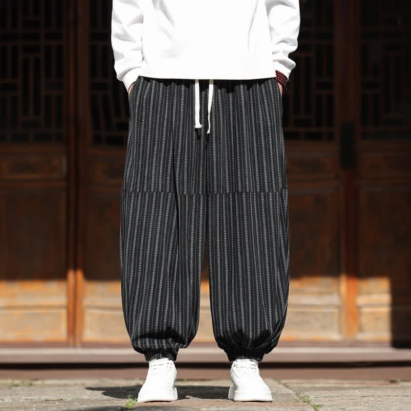 Buddha Stones Pantalones cortos de pana a rayas con cordón ajustable para hombre, estilo harem, para primavera y otoño. - Negro - US/UK/AU46, EU56 (5XL) - image 0