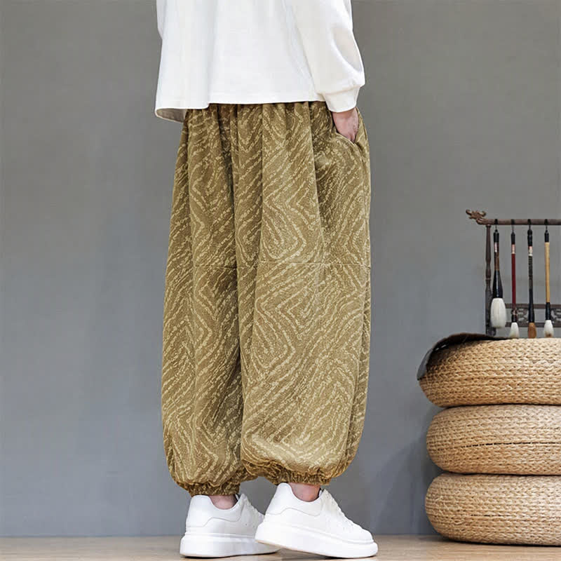Buddha Stones Pantalones cortos de pana estilo boho con cordón ajustable y líneas abstractas para hombre, ideales para otoño e invierno. - image 6