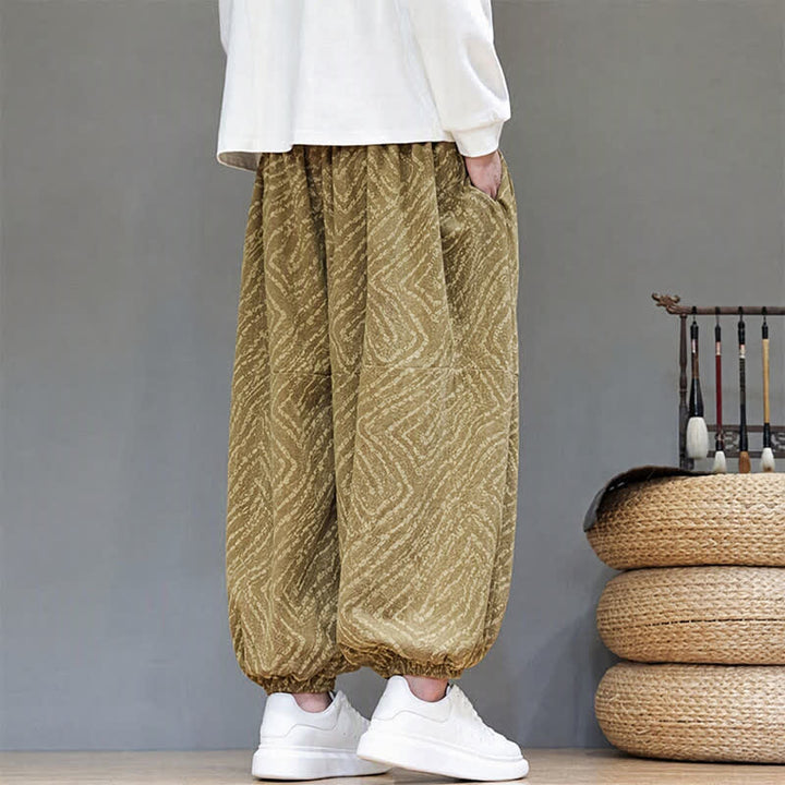 Buddha Stones Pantalones cortos de pana estilo boho con cordón ajustable y líneas abstractas para hombre, ideales para otoño e invierno. - image 6
