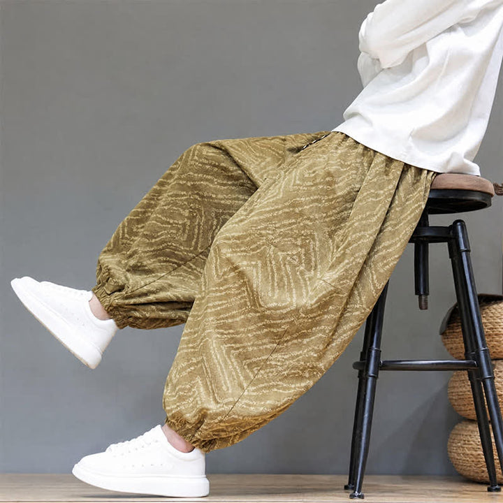 Buddha Stones Pantalones cortos de pana estilo boho con cordón ajustable y líneas abstractas para hombre, ideales para otoño e invierno. - image 8