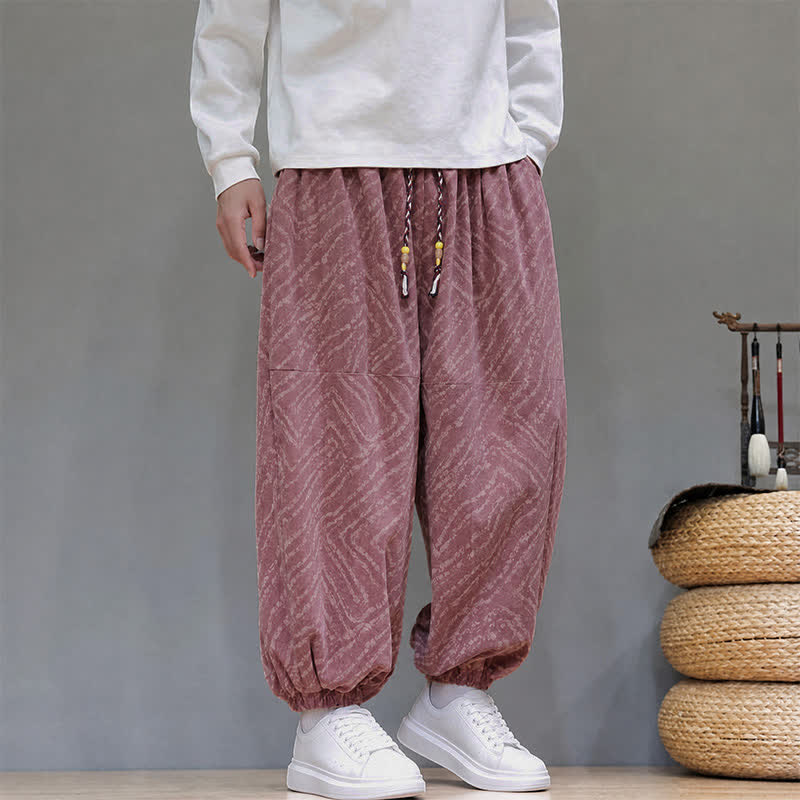Buddha Stones Pantalones cortos de pana estilo boho con cordón ajustable y líneas abstractas para hombre, ideales para otoño e invierno. - image 23