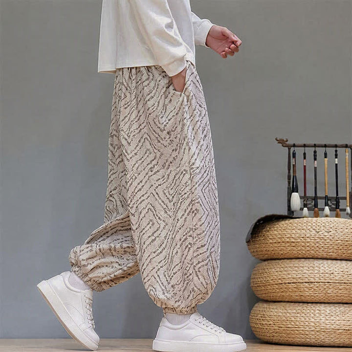 Buddha Stones Pantalones cortos de pana estilo boho con cordón ajustable y líneas abstractas para hombre, ideales para otoño e invierno. - image 32