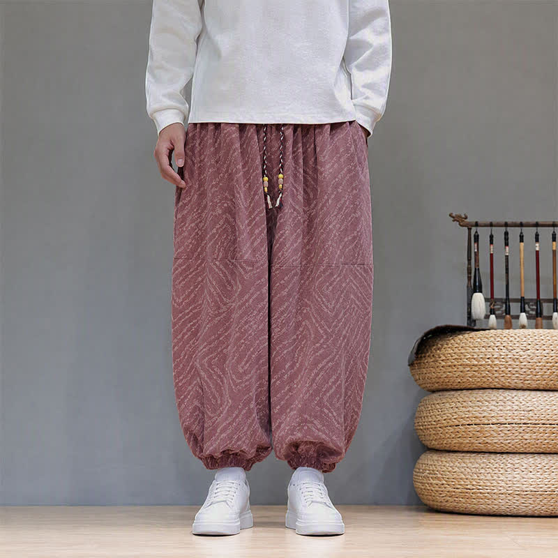 Buddha Stones Pantalones cortos de pana estilo boho con cordón ajustable y líneas abstractas para hombre, ideales para otoño e invierno. - image 22
