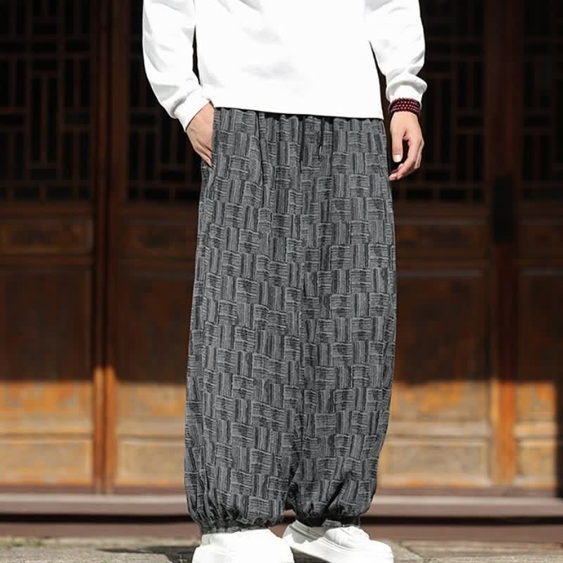 Buddha Stones Pantalones cortos geométricos cuadrados con cordón ajustable, estilo casual vintage, para otoño/invierno, de pana, estilo harem para hombre con bolsillos. - image 1