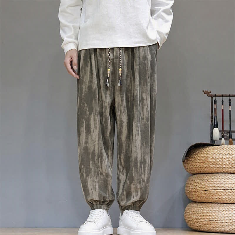 Buddha Stones Pantalones cortos casuales de otoño/invierno con cordón ajustable y rayas, de pana, estilo harem para hombre con bolsillos. - image 1