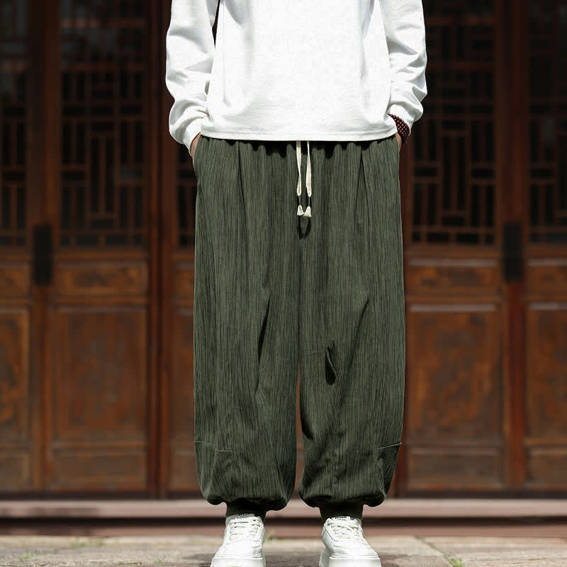 Buddha Stones Pantalones cortos de pana estilo harem para hombre, con cordón ajustable, rayas verticales y estilo casual de primavera. - Verde oliva oscuro - US/UK/AU46, EU56 (5XL) - image 0