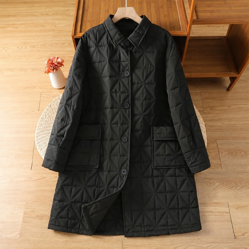 Buddha Stones Abrigo de invierno informal minimalista de mujer con botones, estampado geométrico y bolsillos. - Negro - US12, UK/AU16, EU44 (3XL) - image 18