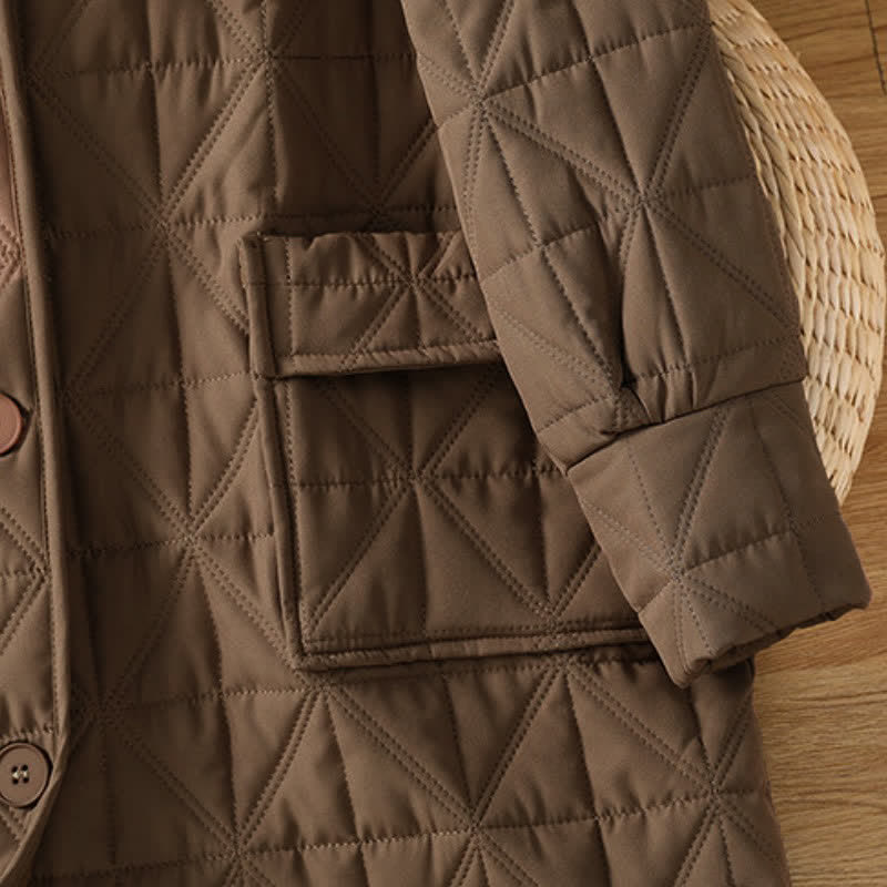 Buddha Stones Abrigo de invierno informal minimalista de mujer con botones, estampado geométrico y bolsillos. - image 7